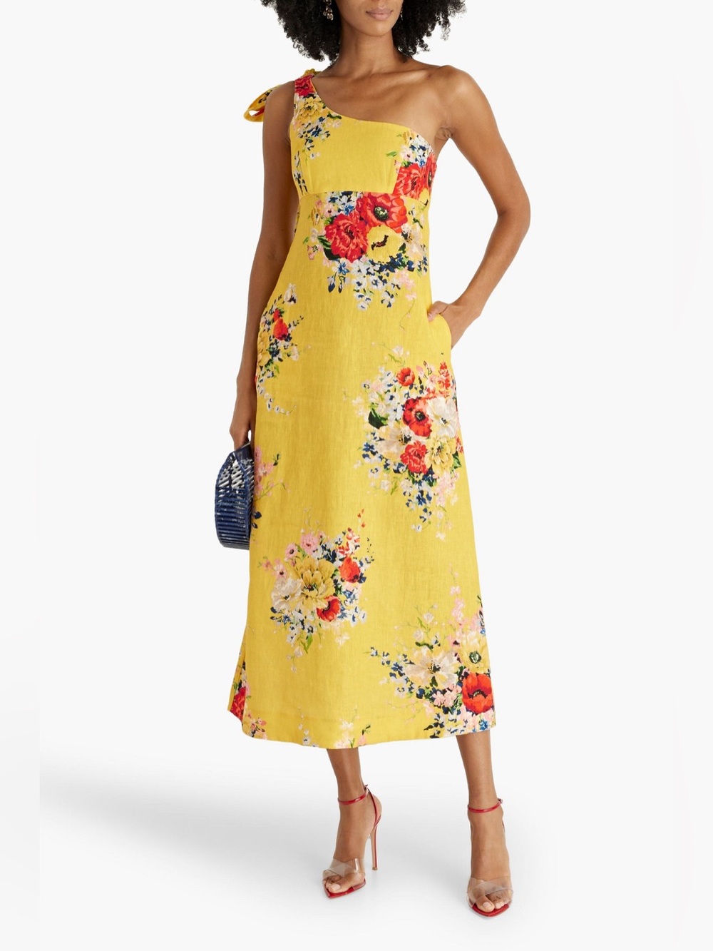 Zimmermann Alight One-Shoulder Floral Linen Midi Dress